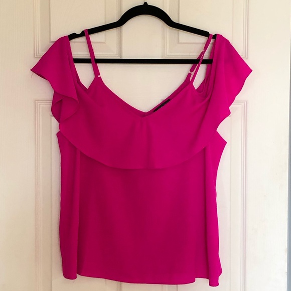 Bright Fuchsia Ruffle Cold-Shoulder Tank Top - Picture 2 of 8